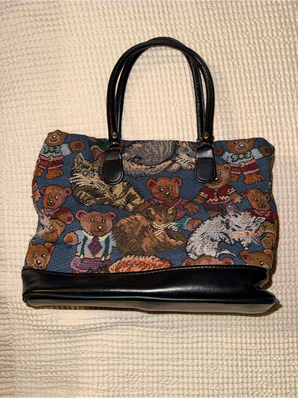 Tapestry Tote Bag with Bear & Cat Motif - Black Handles